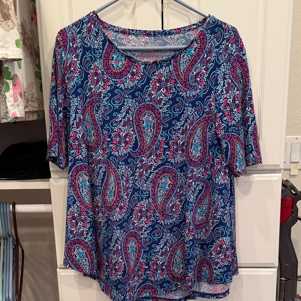 Chico’s Ultimate Tee Tunic Blues and Pinks Size 1